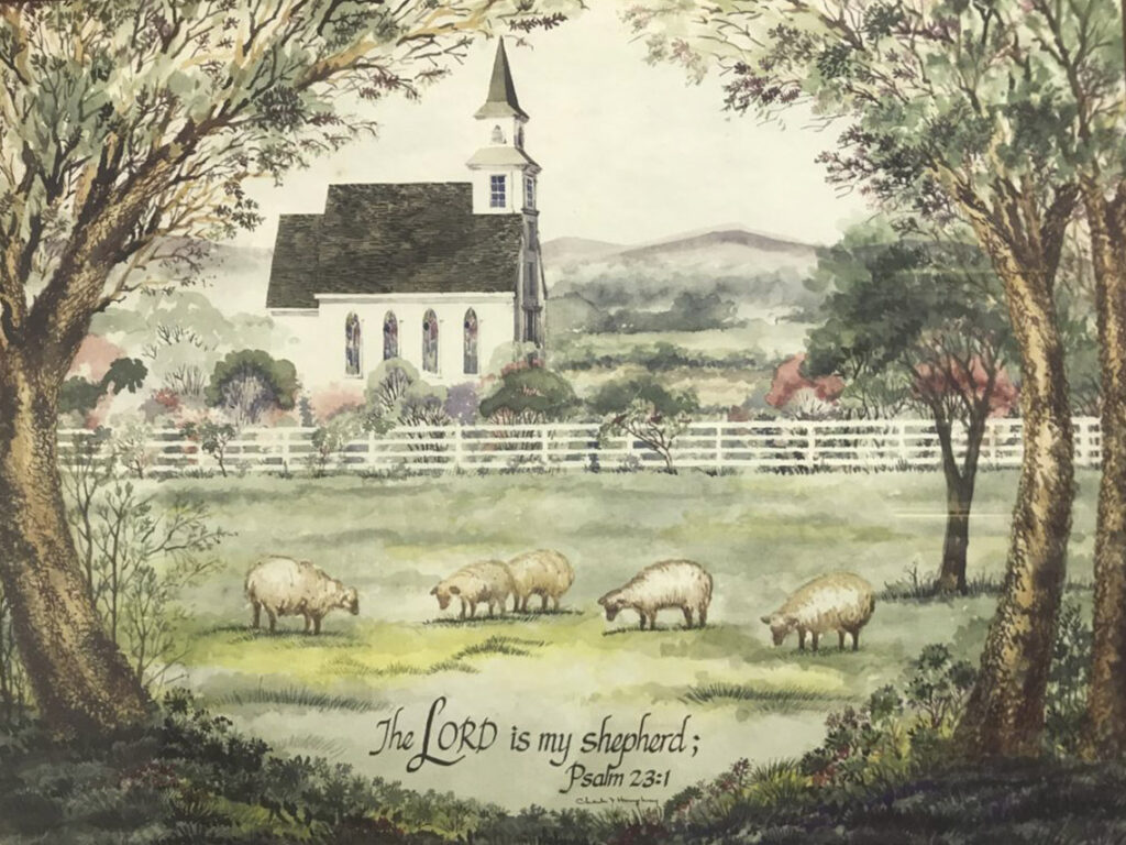 A painting of sheep grazing in the pasture.