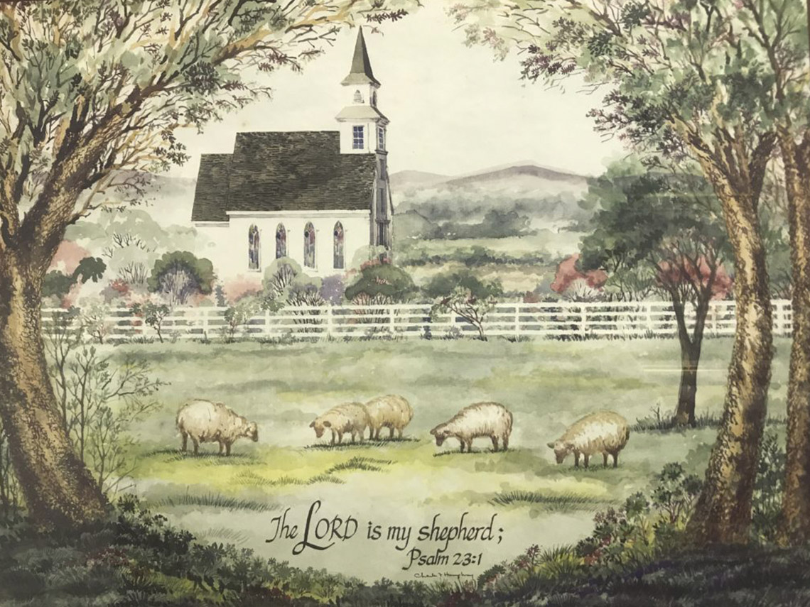 A painting of sheep grazing in the pasture.