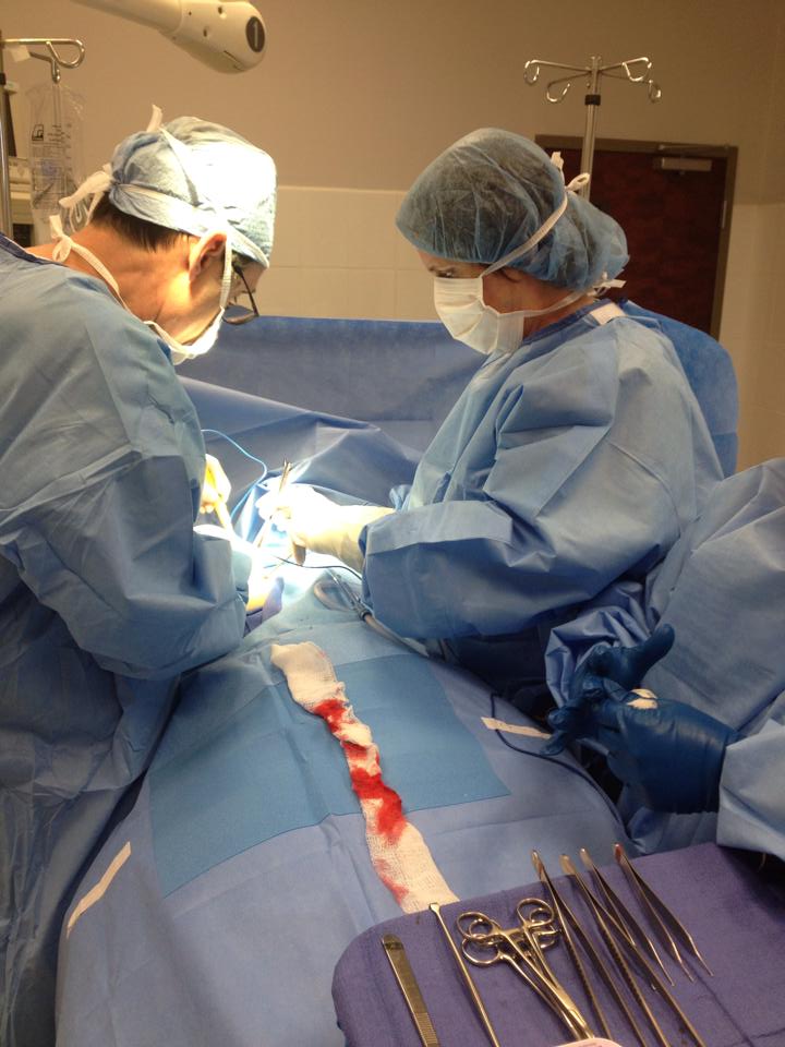 Two surgeons performing surgery on a patient in an operating room.