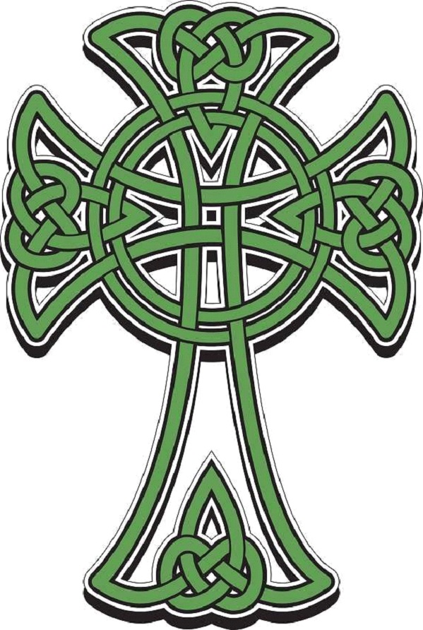 A green cross with celtic knots on it.