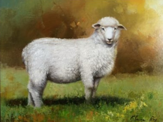 A painting of a sheep in the grass