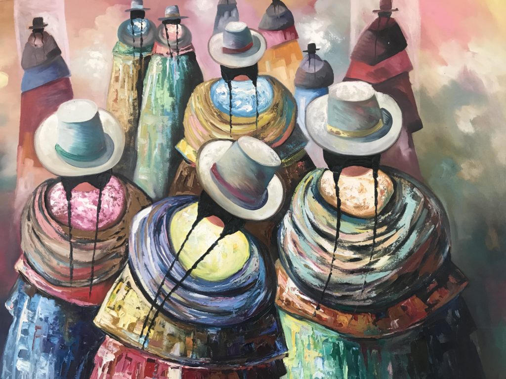 A painting of hats and cups on top of jars.