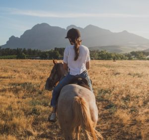 A woman riding on the back of a horse in an open field.