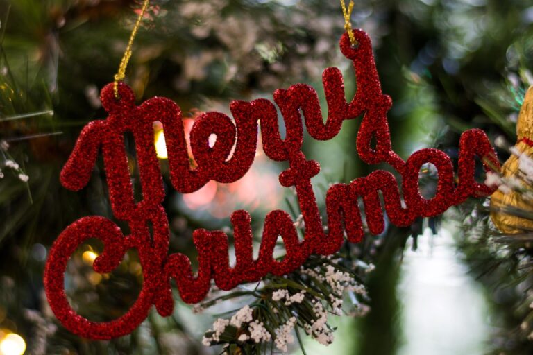 A red merry christmas ornament hanging from a tree.