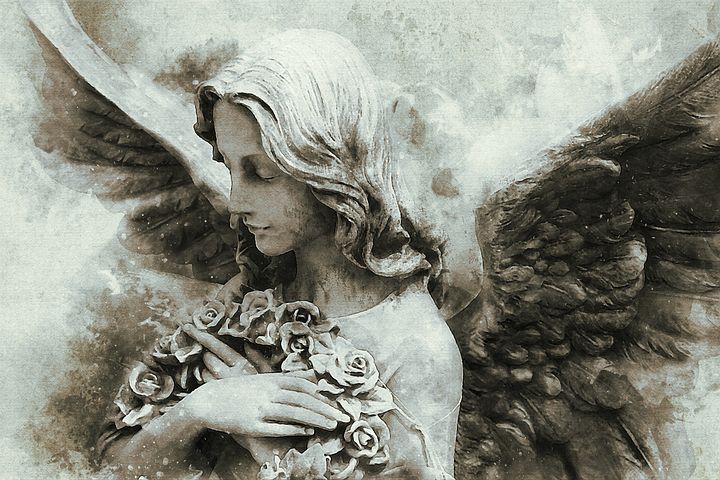 A painting of an angel holding roses in her hands.
