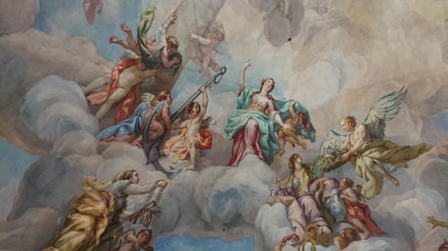 A painting of the ceiling of a church with many people.
