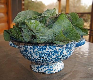 A blue and white bowl with some green leaves in it