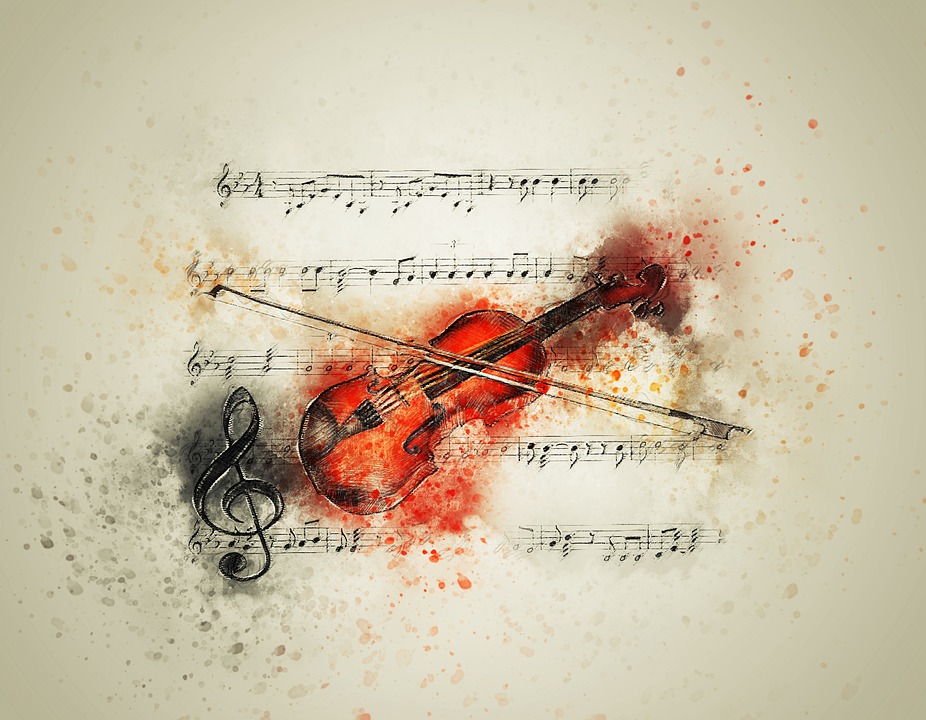 A violin and some musical notes on paper