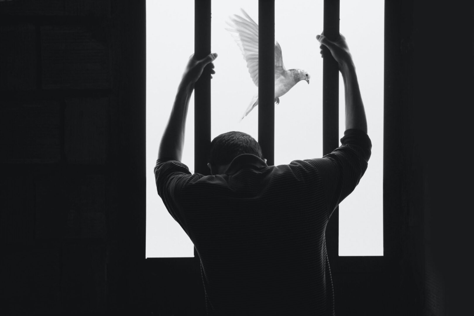 A man standing in front of a window with his arms raised.