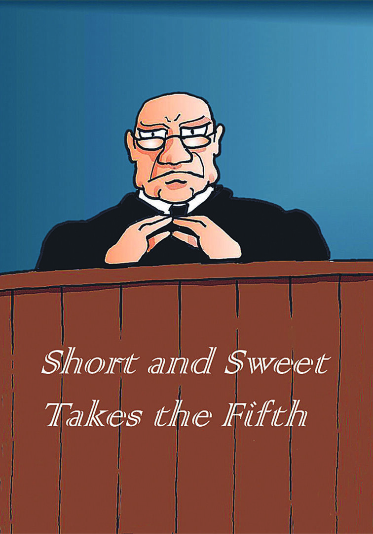 A cartoon of judge sitting at the front of a courtroom.
